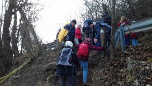 Meredek kapaszkodó, segítő kezek. 2020.01.04. Normafa-Budakeszi VSC túra. Fotó: Sándor Tibor