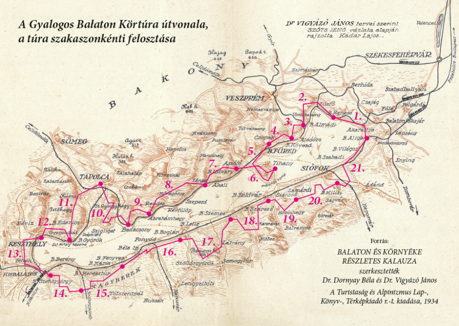 A Gyalogos Balaton Körtúra 21 szakasza egy plasztikus, régi térképen.